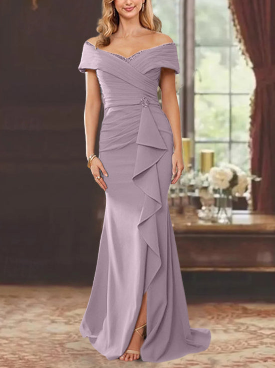 Robe de Mère de la Mariée Fourreau/Colonne à Épaules Dénudées Sans Manches, Longueur Au Sol, avec Volants