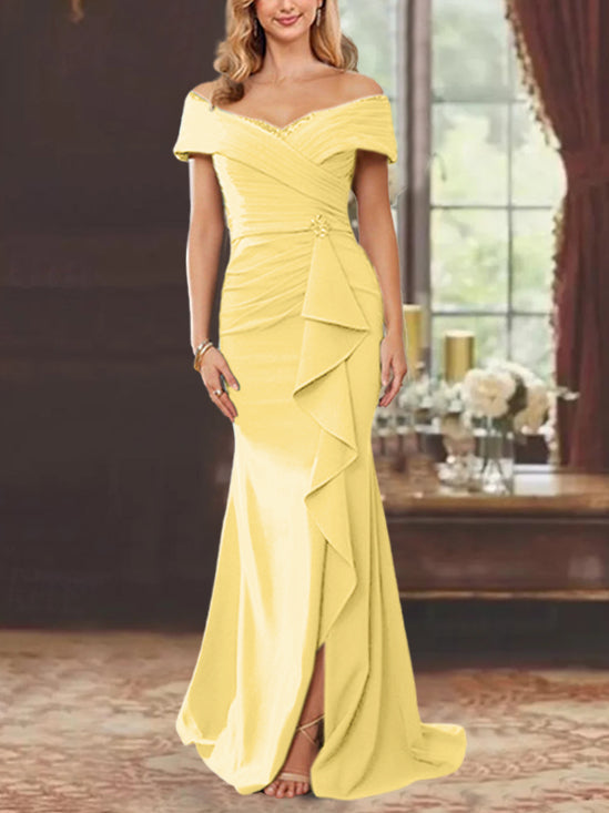 Robe de Mère de la Mariée Fourreau/Colonne à Épaules Dénudées Sans Manches, Longueur Au Sol, avec Volants