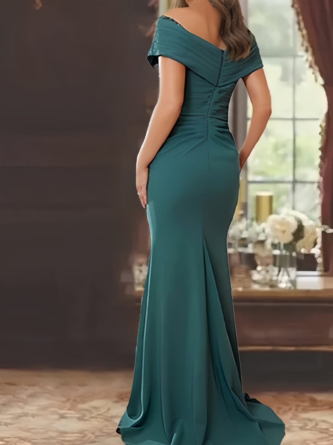 Robe de Mère de la Mariée Fourreau/Colonne à Épaules Dénudées Sans Manches, Longueur Au Sol, avec Volants