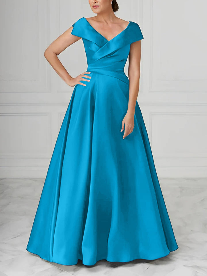 Robe de Mère de la Mariée en Satin à Col en V et Coupe Princesse avec Fronces