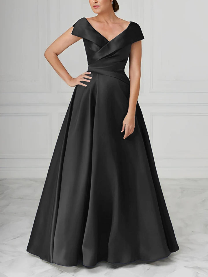 Robe de Mère de la Mariée en Satin à Col en V et Coupe Princesse avec Fronces