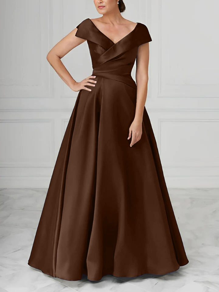 Robe de Mère de la Mariée en Satin à Col en V et Coupe Princesse avec Fronces