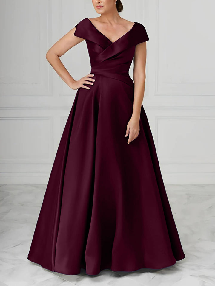 Robe de Mère de la Mariée en Satin à Col en V et Coupe Princesse avec Fronces