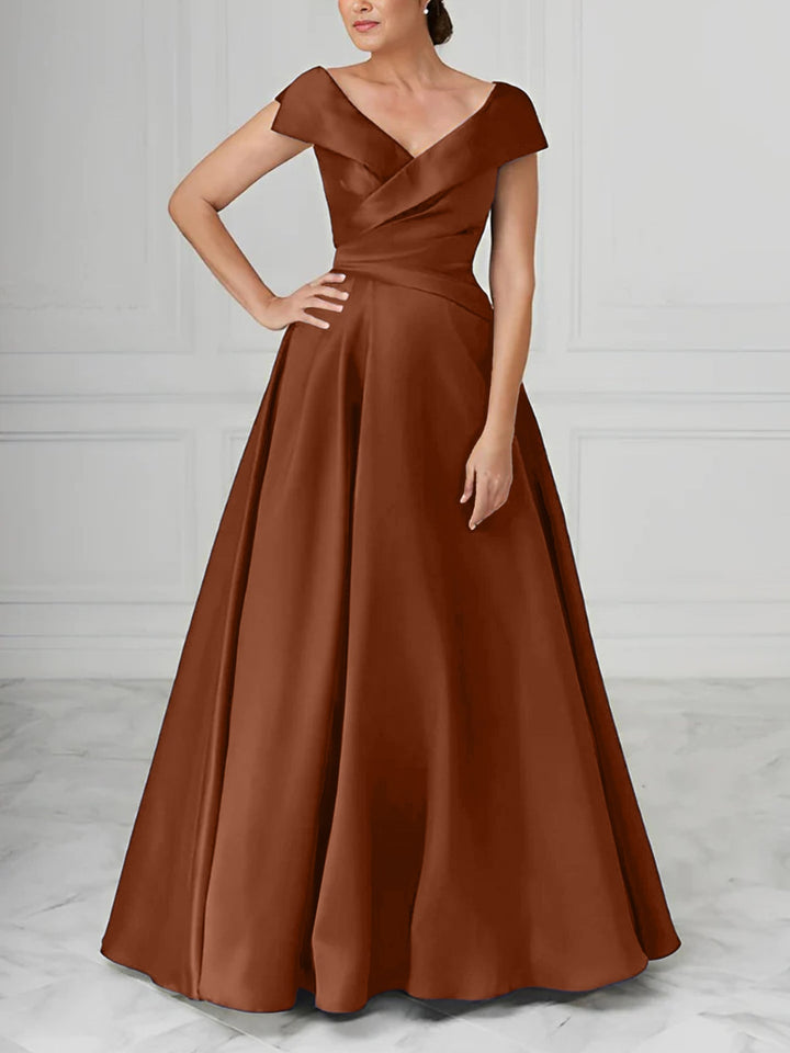 Robe de Mère de la Mariée en Satin à Col en V et Coupe Princesse avec Fronces