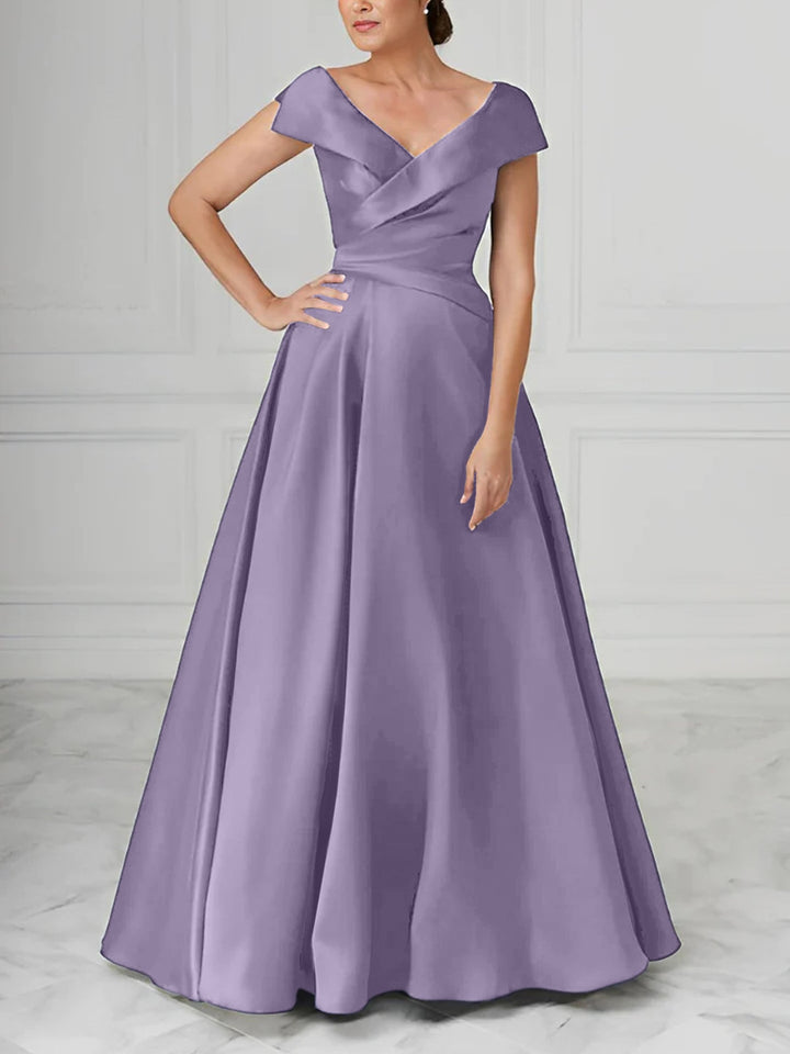 Robe de Mère de la Mariée en Satin à Col en V et Coupe Princesse avec Fronces
