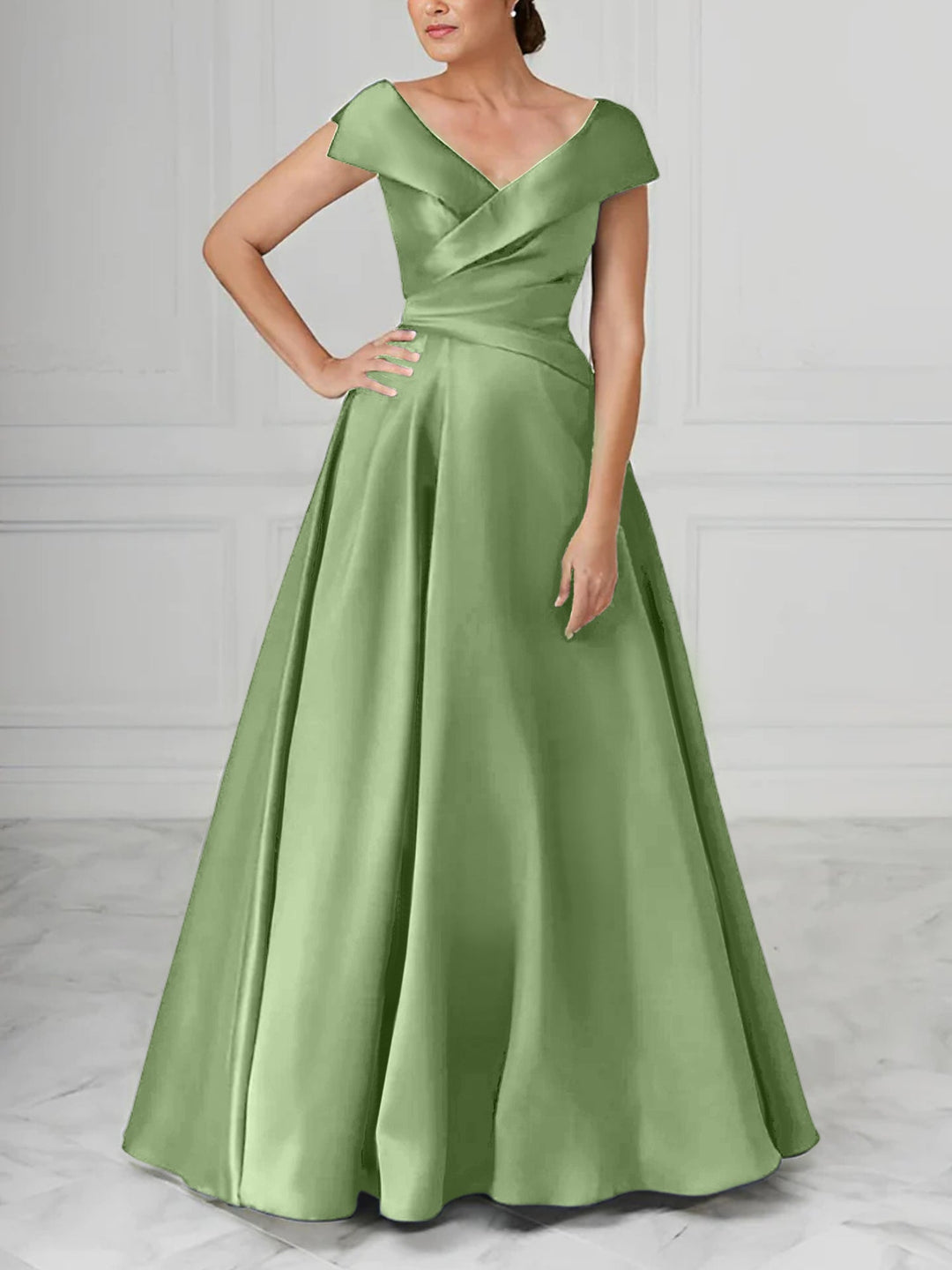 Robe de Mère de la Mariée en Satin à Col en V et Coupe Princesse avec Fronces