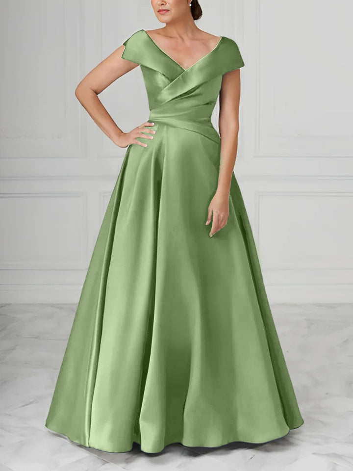 Robe de Mère de la Mariée en Satin à Col en V et Coupe Princesse avec Fronces
