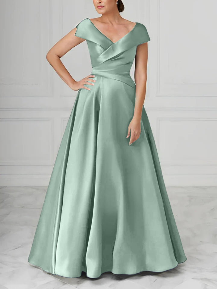 Robe de Mère de la Mariée en Satin à Col en V et Coupe Princesse avec Fronces