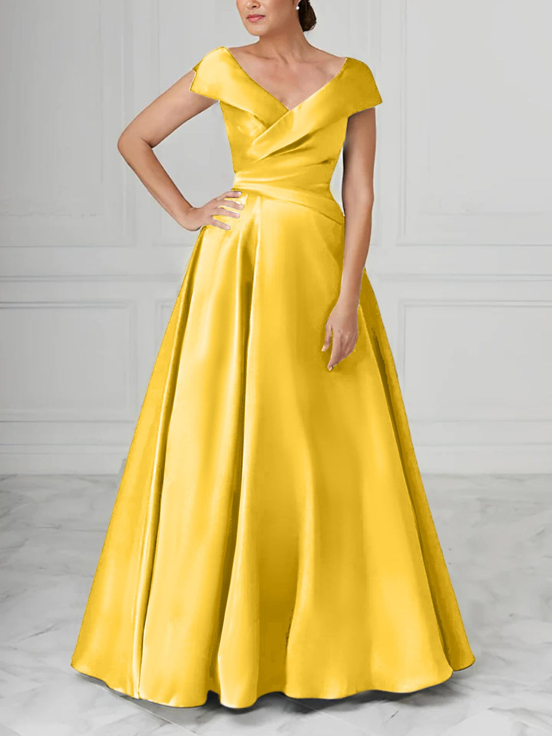 Robe de Mère de la Mariée en Satin à Col en V et Coupe Princesse avec Fronces