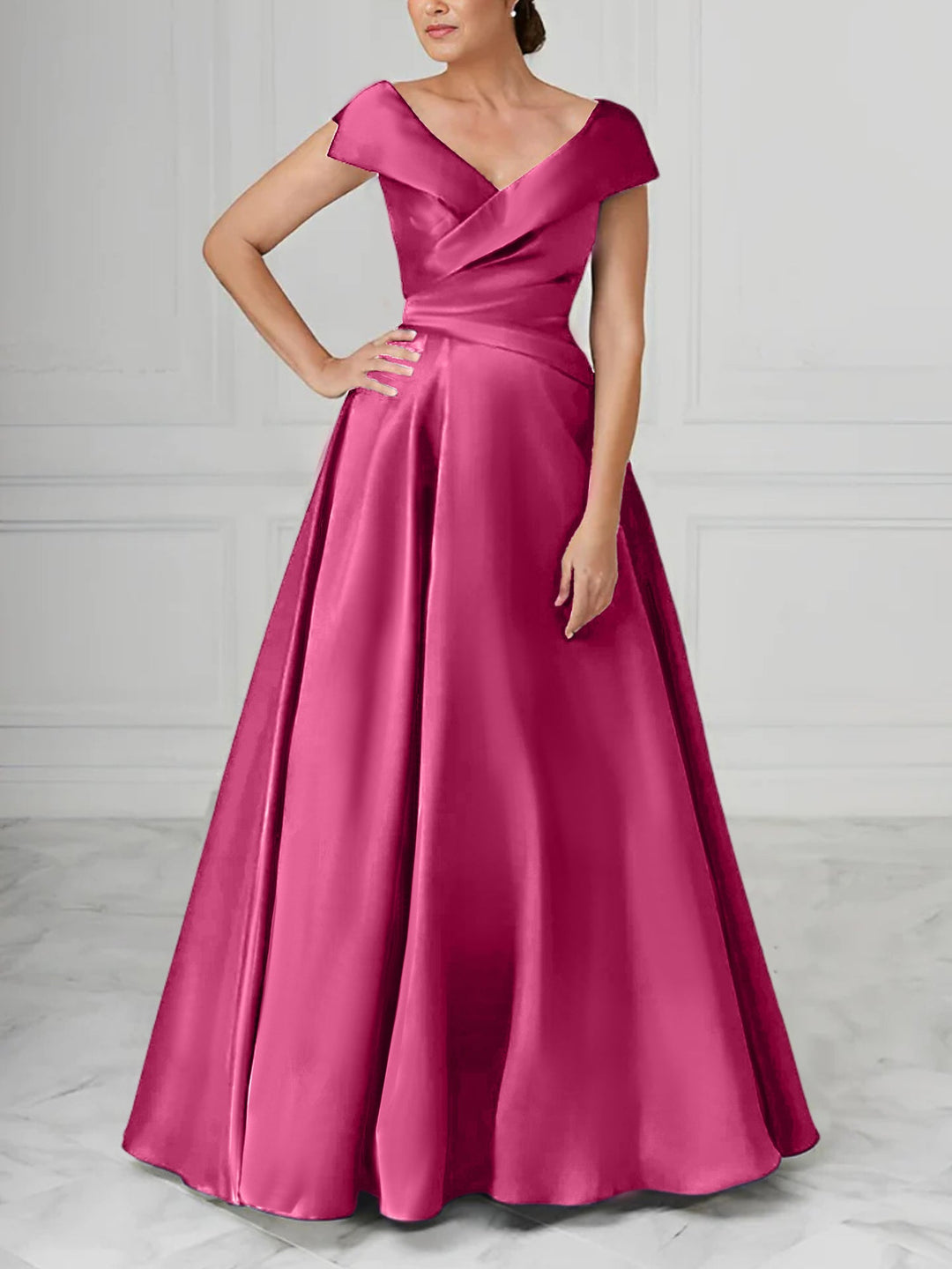 Robe de Mère de la Mariée en Satin à Col en V et Coupe Princesse avec Fronces