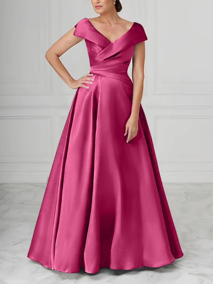 Robe de Mère de la Mariée en Satin à Col en V et Coupe Princesse avec Fronces