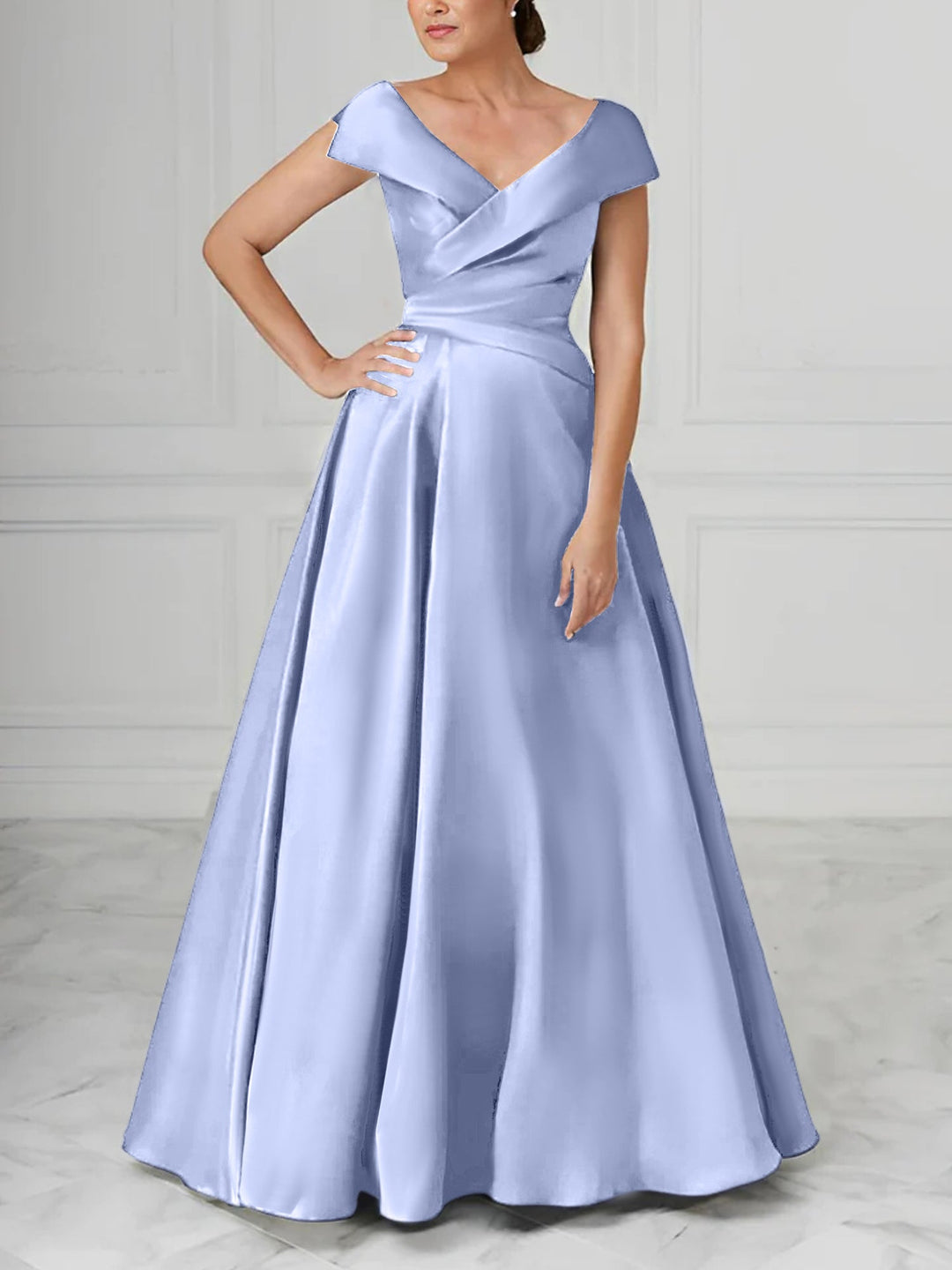 Robe de Mère de la Mariée en Satin à Col en V et Coupe Princesse avec Fronces
