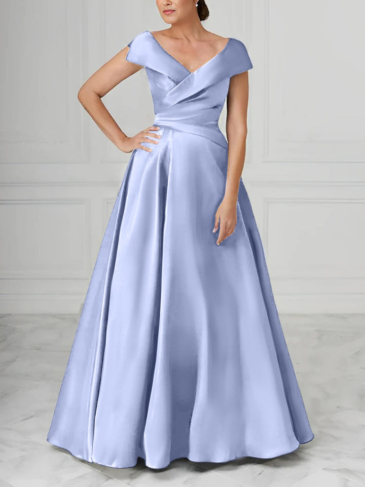 Robe de Mère de la Mariée en Satin à Col en V et Coupe Princesse avec Fronces