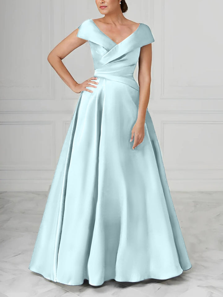 Robe de Mère de la Mariée en Satin à Col en V et Coupe Princesse avec Fronces
