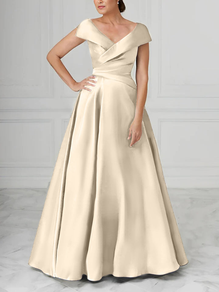 Robe de Mère de la Mariée en Satin à Col en V et Coupe Princesse avec Fronces