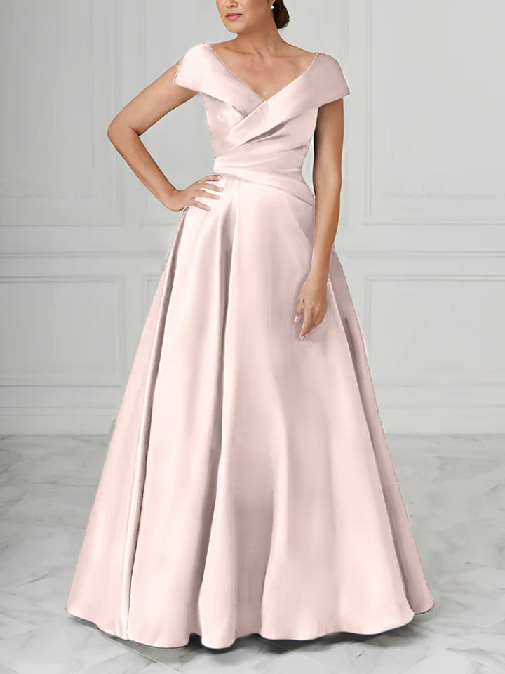 Robe de Mère de la Mariée en Satin à Col en V et Coupe Princesse avec Fronces