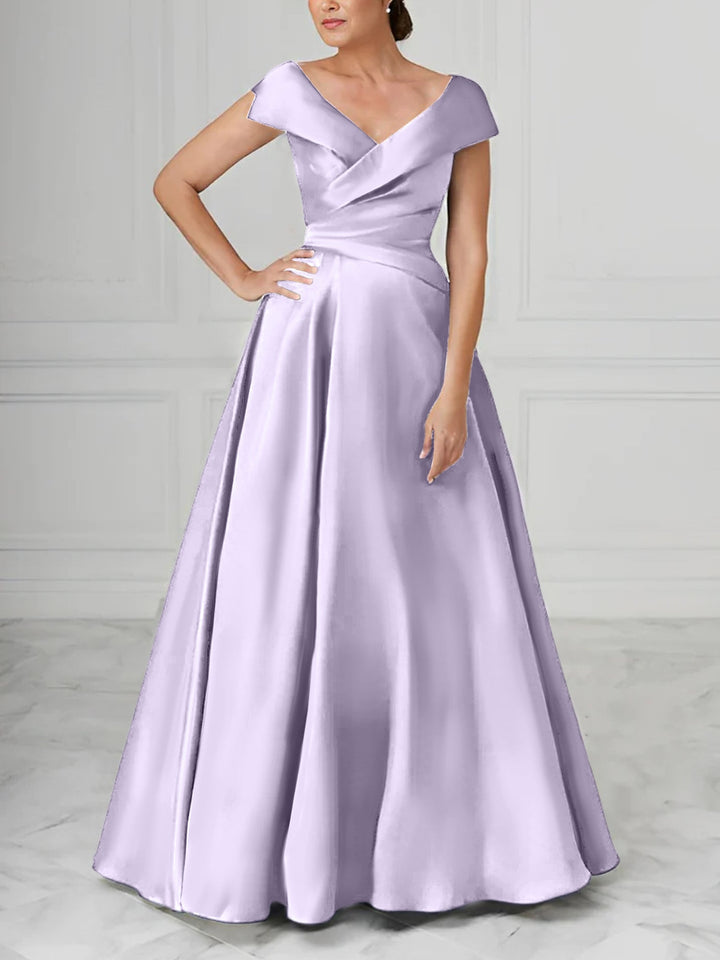 Robe de Mère de la Mariée en Satin à Col en V et Coupe Princesse avec Fronces