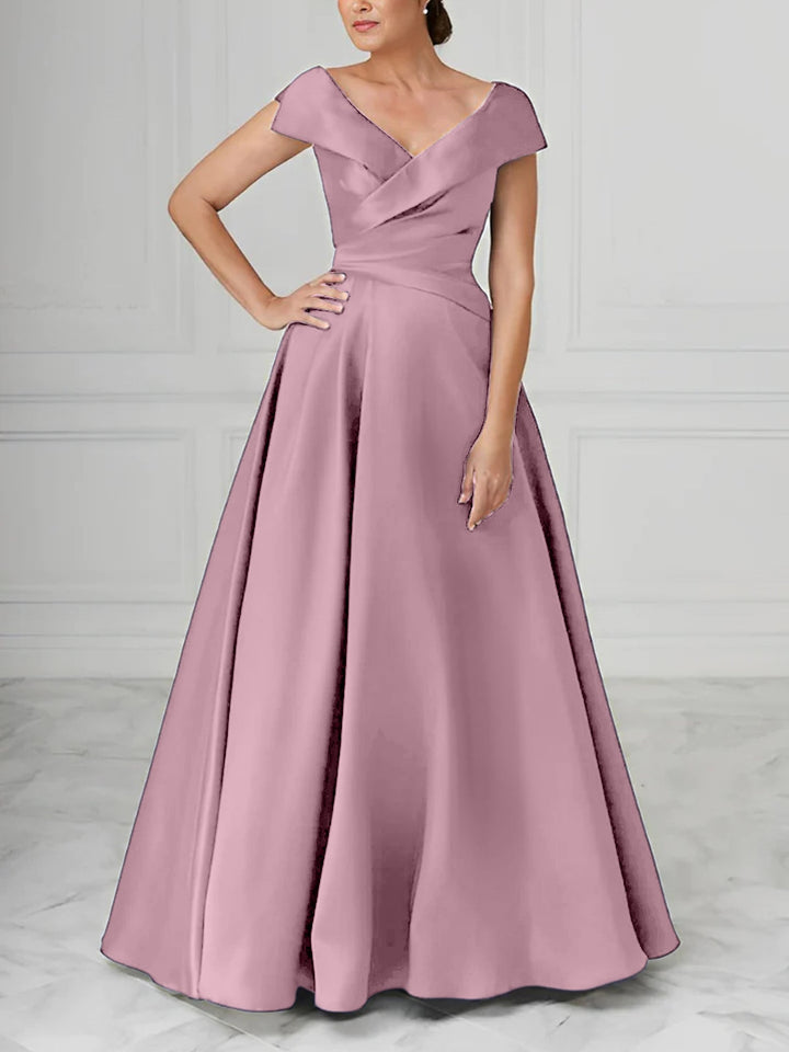 Robe de Mère de la Mariée en Satin à Col en V et Coupe Princesse avec Fronces