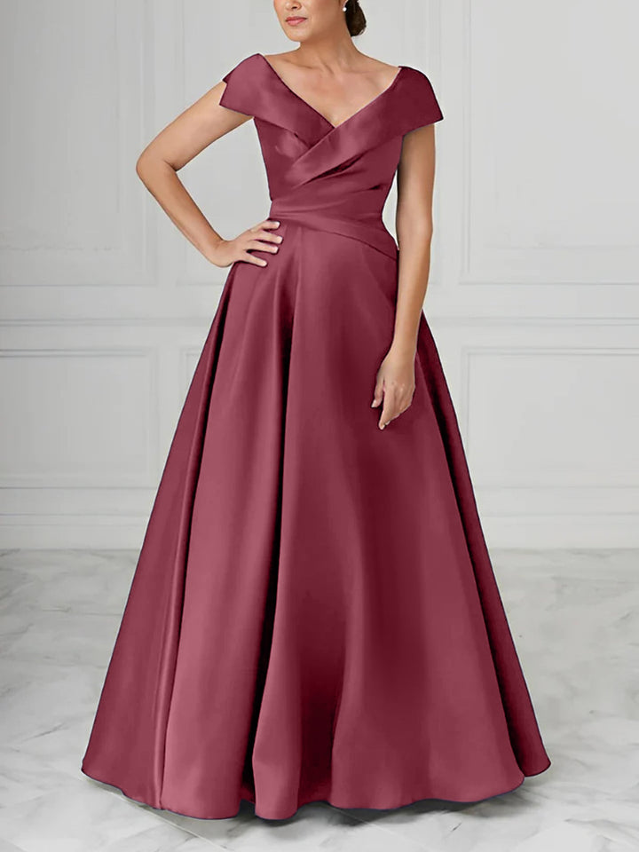 Robe de Mère de la Mariée en Satin à Col en V et Coupe Princesse avec Fronces