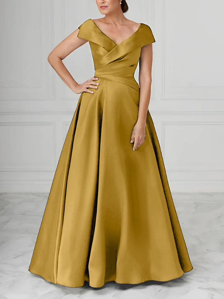 Robe de Mère de la Mariée en Satin à Col en V et Coupe Princesse avec Fronces