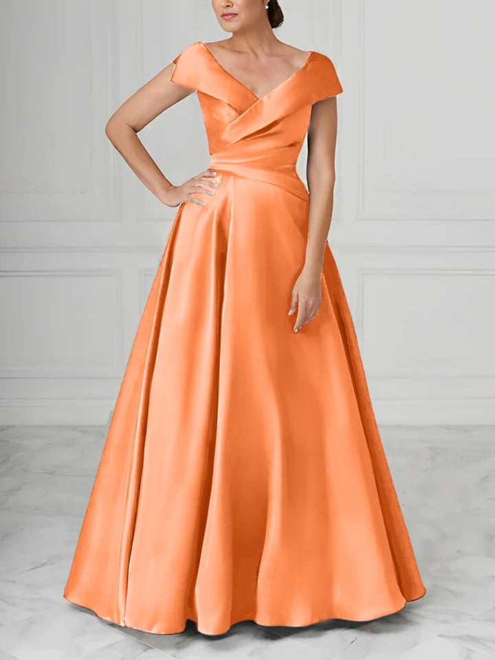 Robe de Mère de la Mariée en Satin à Col en V et Coupe Princesse avec Fronces