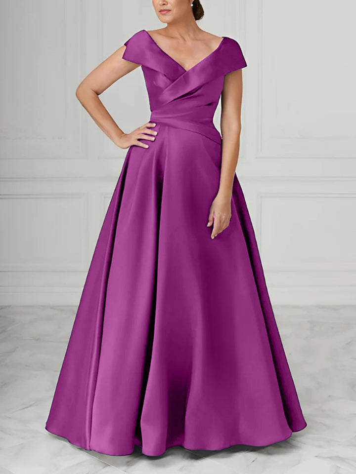 Robe de Mère de la Mariée en Satin à Col en V et Coupe Princesse avec Fronces