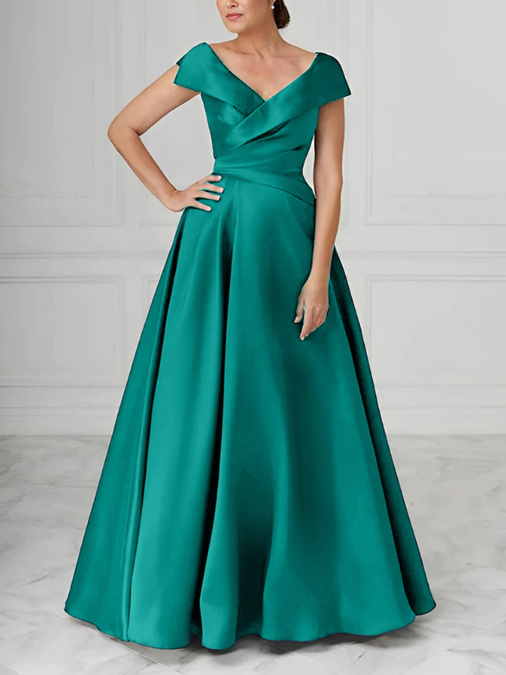 Robe de Mère de la Mariée en Satin à Col en V et Coupe Princesse avec Fronces