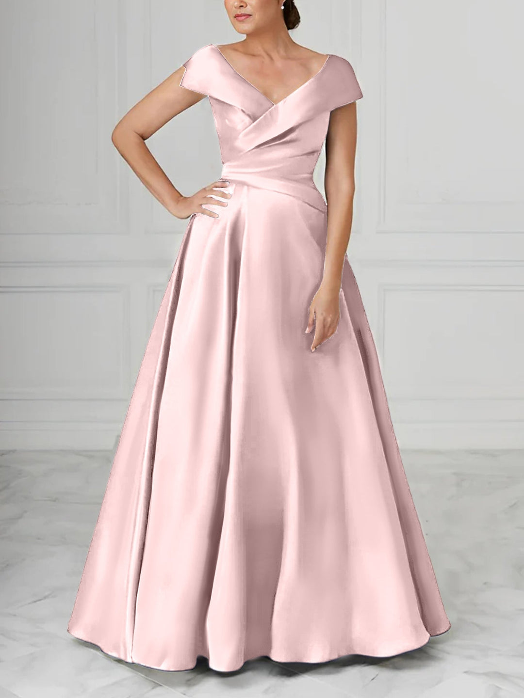 Robe de Mère de la Mariée en Satin à Col en V et Coupe Princesse avec Fronces