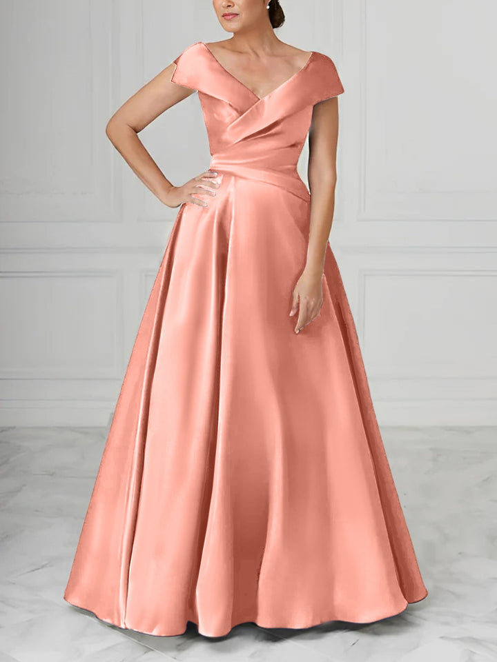 Robe de Mère de la Mariée en Satin à Col en V et Coupe Princesse avec Fronces