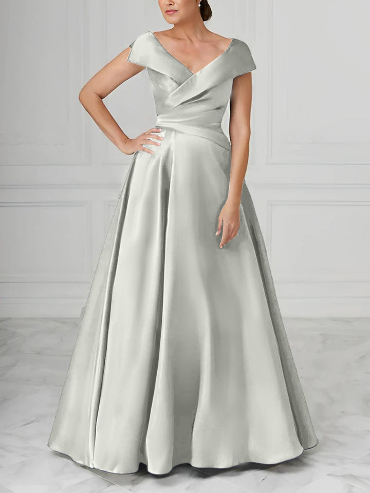 Robe de Mère de la Mariée en Satin à Col en V et Coupe Princesse avec Fronces