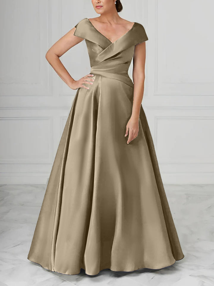 Robe de Mère de la Mariée en Satin à Col en V et Coupe Princesse avec Fronces