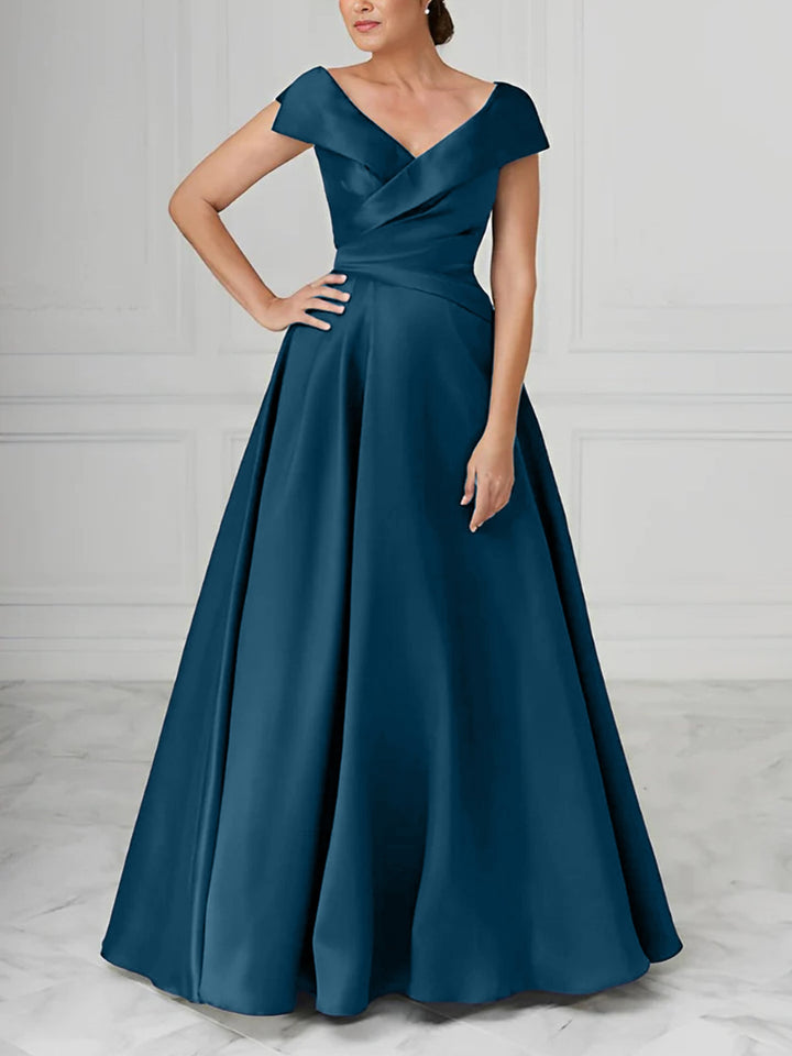 Robe de Mère de la Mariée en Satin à Col en V et Coupe Princesse avec Fronces