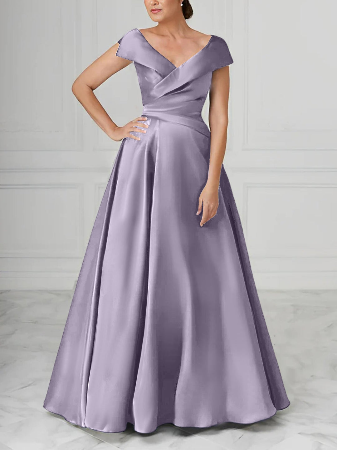 Robe de Mère de la Mariée en Satin à Col en V et Coupe Princesse avec Fronces
