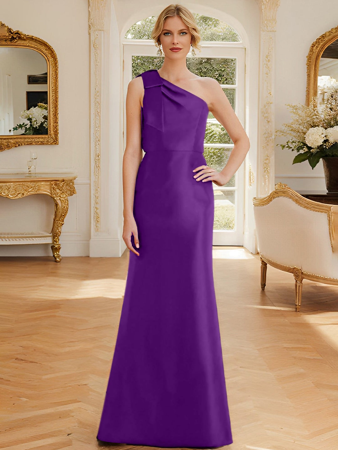 Robe de Mère de la Mariée en Satin Sans Manches à Une Épaule et Fourreau/Colonne avec Nœud