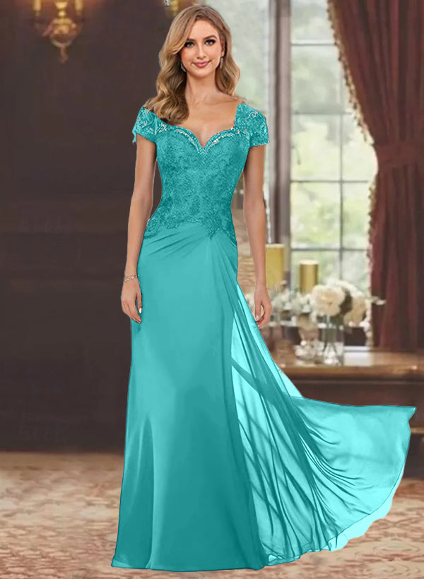 Robe de Mère de la Mariée Fourreau/Colonne à Manches Courtes et Longueur Au Sol avec Appliques en Dentelle