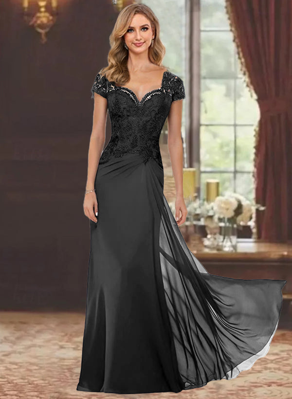 Robe de Mère de la Mariée Fourreau/Colonne à Manches Courtes et Longueur Au Sol avec Appliques en Dentelle