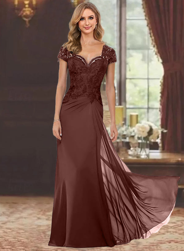 Robe de Mère de la Mariée Fourreau/Colonne à Manches Courtes et Longueur Au Sol avec Appliques en Dentelle