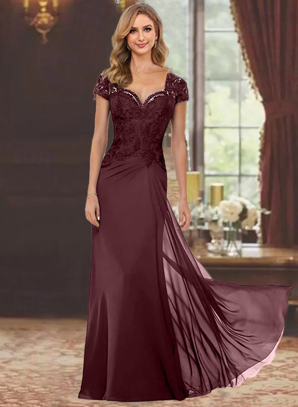 Robe de Mère de la Mariée Fourreau/Colonne à Manches Courtes et Longueur Au Sol avec Appliques en Dentelle