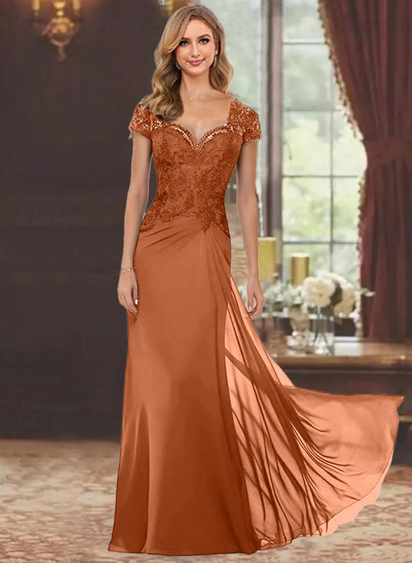 Robe de Mère de la Mariée Fourreau/Colonne à Manches Courtes et Longueur Au Sol avec Appliques en Dentelle