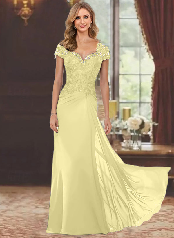 Robe de Mère de la Mariée Fourreau/Colonne à Manches Courtes et Longueur Au Sol avec Appliques en Dentelle