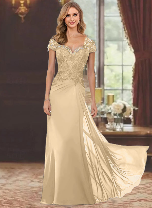 Robe de Mère de la Mariée Fourreau/Colonne à Manches Courtes et Longueur Au Sol avec Appliques en Dentelle