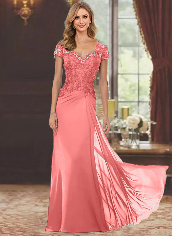 Robe de Mère de la Mariée Fourreau/Colonne à Manches Courtes et Longueur Au Sol avec Appliques en Dentelle