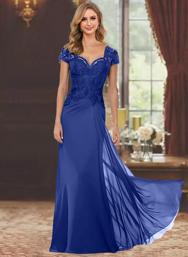 Robe de Mère de la Mariée Fourreau/Colonne à Manches Courtes et Longueur Au Sol avec Appliques en Dentelle