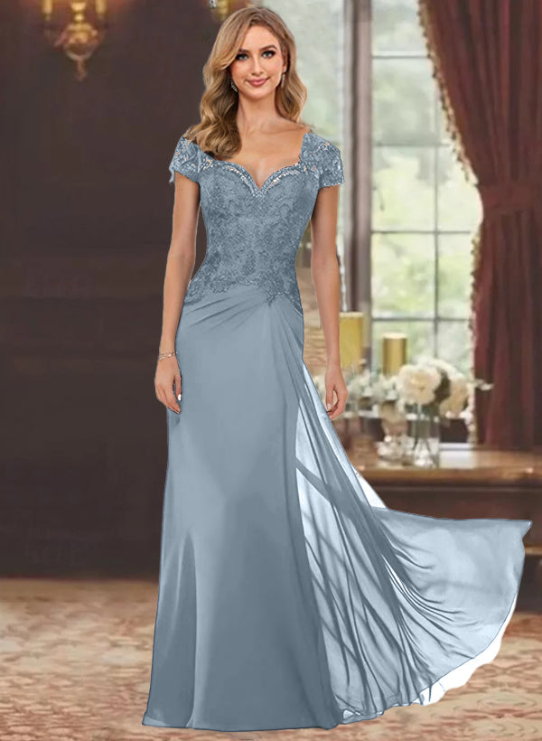Robe de Mère de la Mariée Fourreau/Colonne à Manches Courtes et Longueur Au Sol avec Appliques en Dentelle