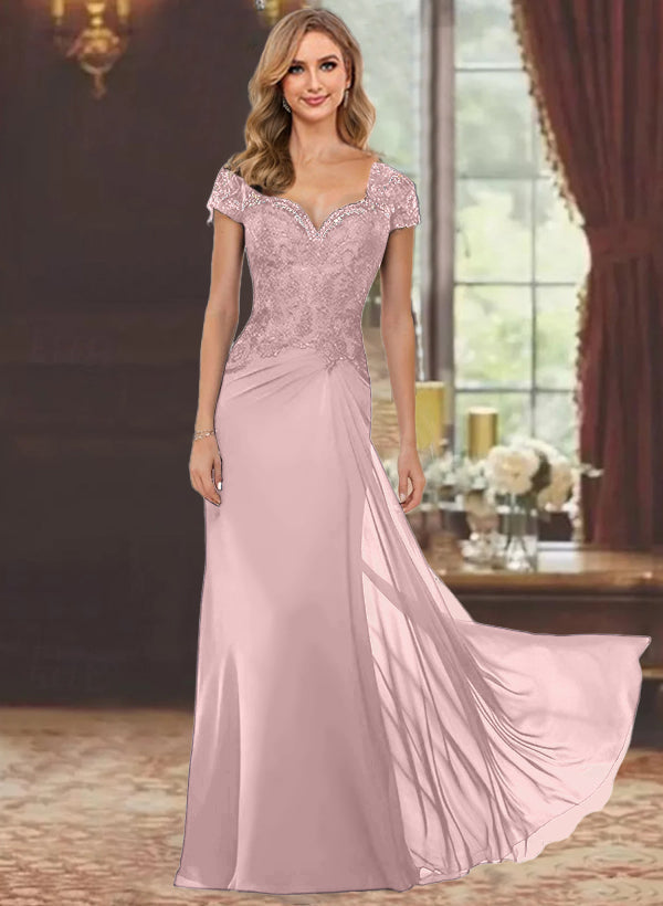 Robe de Mère de la Mariée Fourreau/Colonne à Manches Courtes et Longueur Au Sol avec Appliques en Dentelle