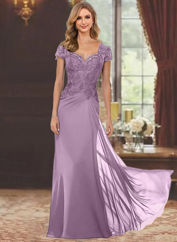 Robe de Mère de la Mariée Fourreau/Colonne à Manches Courtes et Longueur Au Sol avec Appliques en Dentelle