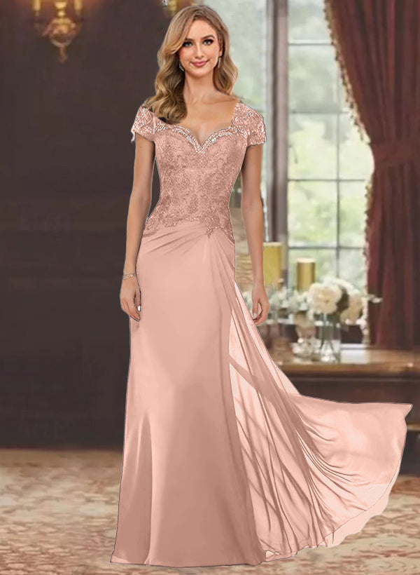 Robe de Mère de la Mariée Fourreau/Colonne à Manches Courtes et Longueur Au Sol avec Appliques en Dentelle