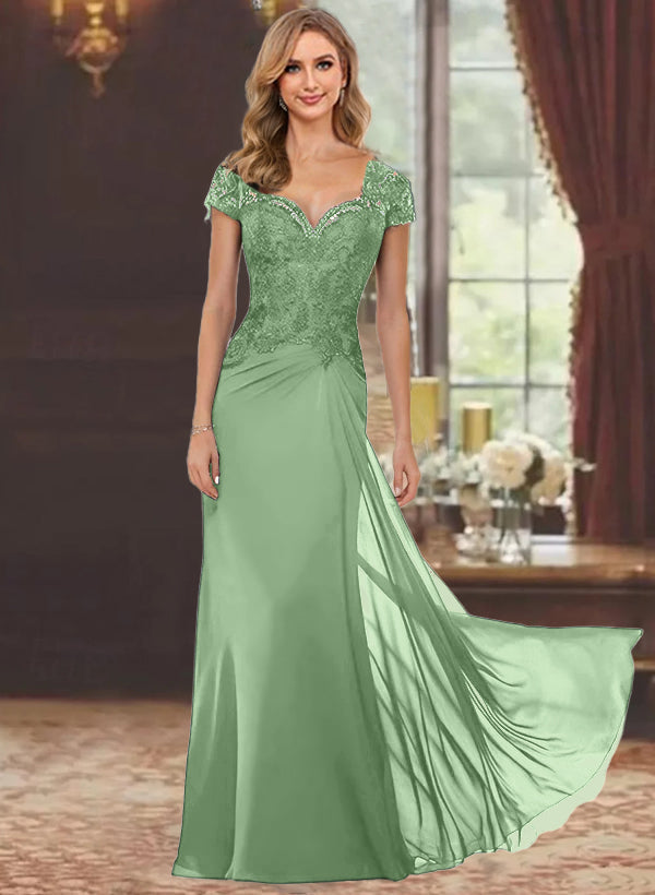 Robe de Mère de la Mariée Fourreau/Colonne à Manches Courtes et Longueur Au Sol avec Appliques en Dentelle