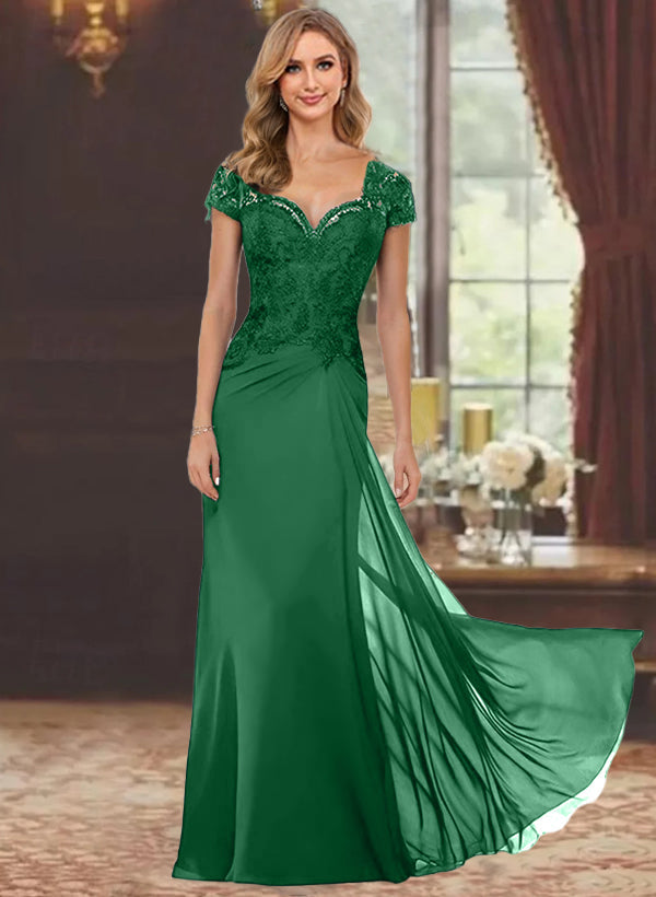 Robe de Mère de la Mariée Fourreau/Colonne à Manches Courtes et Longueur Au Sol avec Appliques en Dentelle