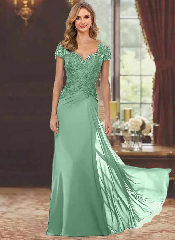 Robe de Mère de la Mariée Fourreau/Colonne à Manches Courtes et Longueur Au Sol avec Appliques en Dentelle